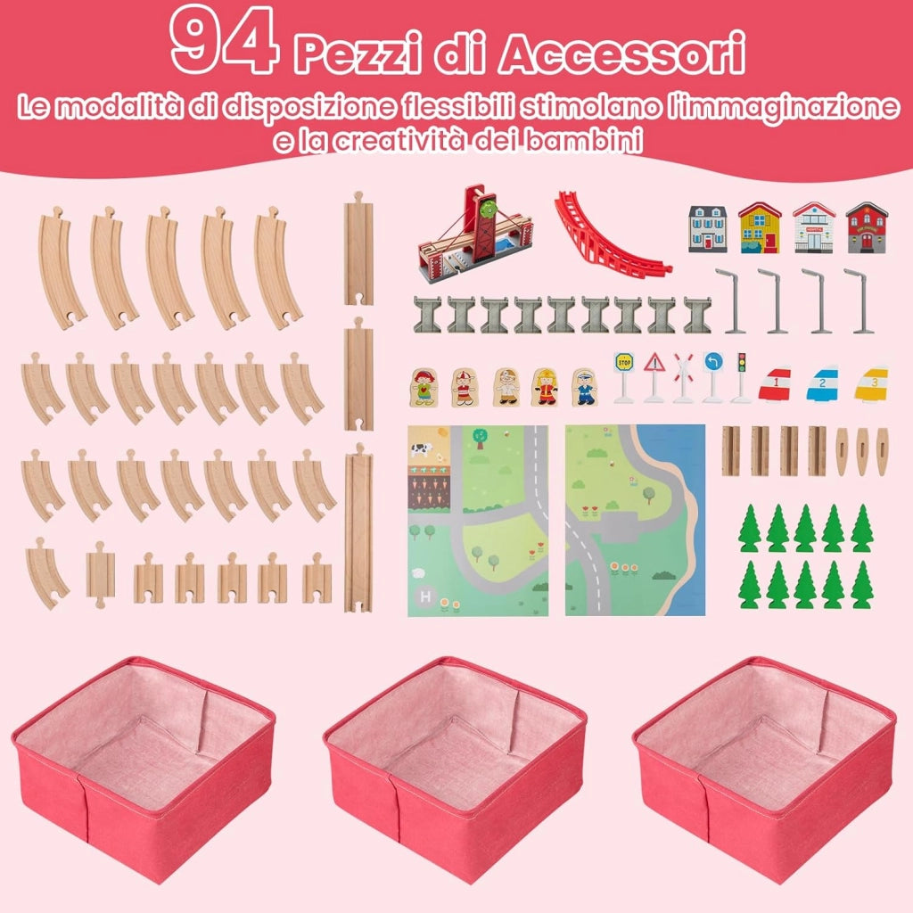 Tavolo con Set di Treni per Bambini 3+ Anni, Tavolo da Gioco Multifunzionale in Legno con 2 Superfici Reversibili, 3 Cassetti in Tessuto e Accessori per Binari, Scrivania da Gioco