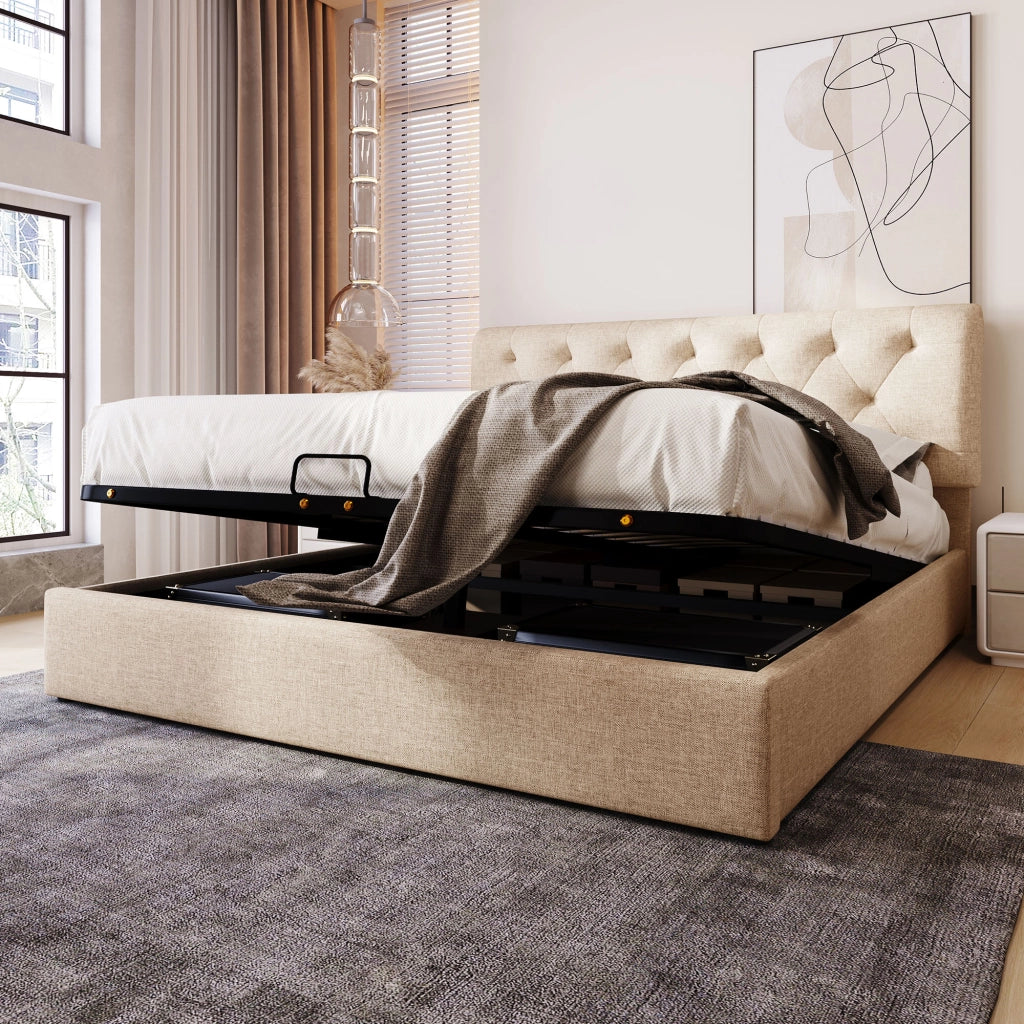 LETTO matrimoniale contenitore idraulico 140x200 cm in lino naturale con materasso incluso