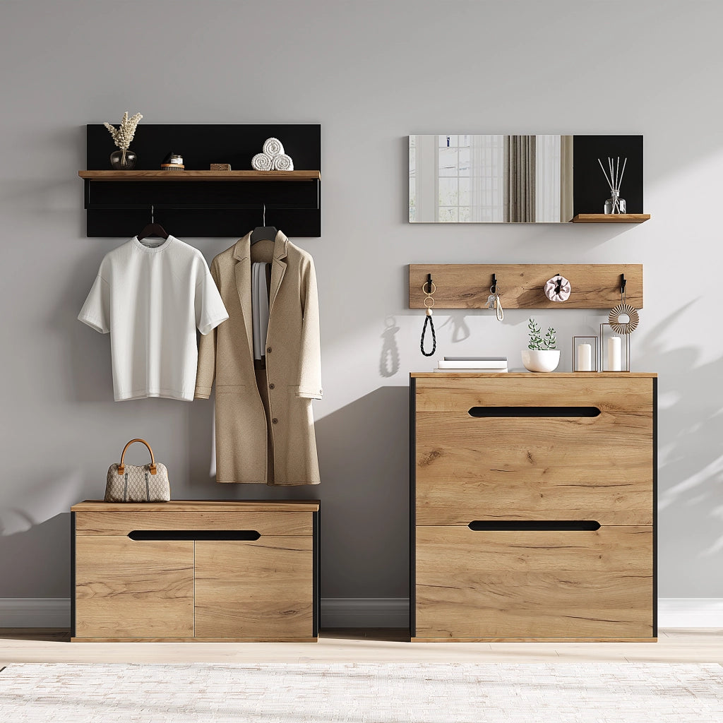 Set guardaroba modulare con scarpiera ribaltabile, panca portaoggetti, specchio e appendiabiti, Nero/Naturale, 156x36x176 cm