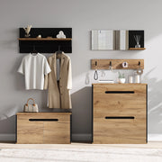 Set guardaroba modulare con scarpiera ribaltabile, panca portaoggetti, specchio e appendiabiti, Nero/Naturale, 156x36x176 cm