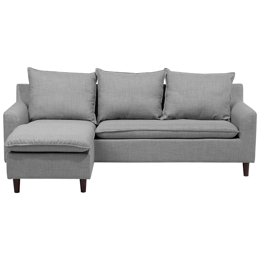 Divano ad angolo Rivestimento in tessuto grigio chiaro Gambe in legno scuro Chaise longue a 3 posti a versione sinistra Cuscino schienale