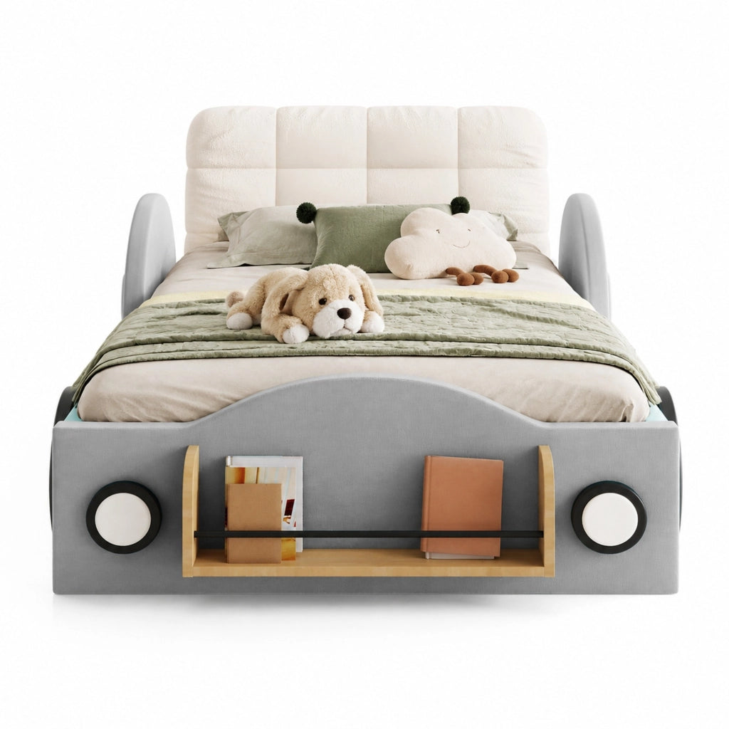 Letto imbottito 90x200 grigio con contenitore e tasche
