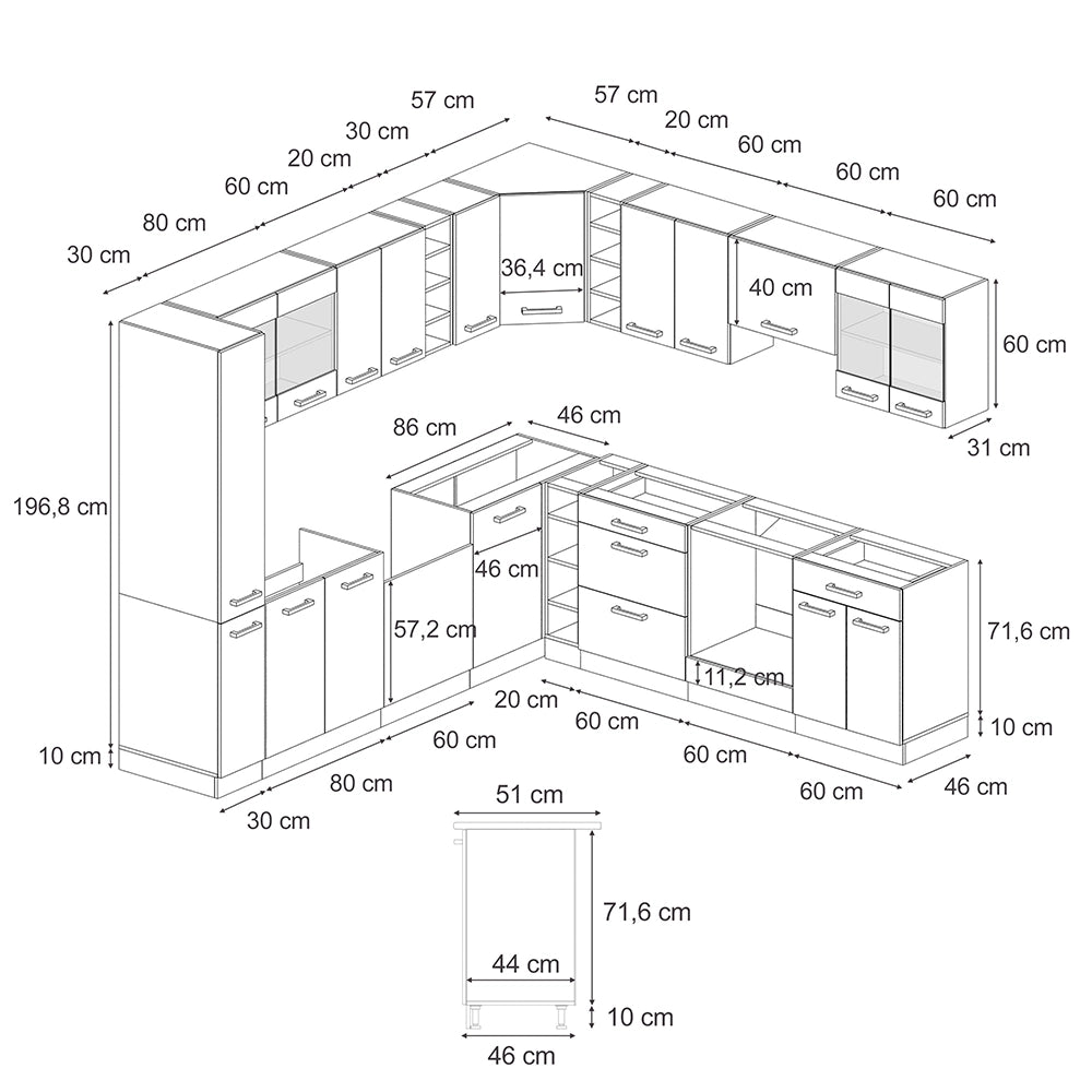 Cucina angolare completa R-Line Calce nera/Rovere dorato 247 x 237 cm PL Antracite Vicco