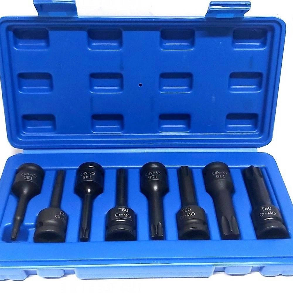 Trade Shop - Set 8 Pezzi Chiavi Bussole Torx Attacco 1/2" T30 T80 A Impatto Lunghe 78 Mm -