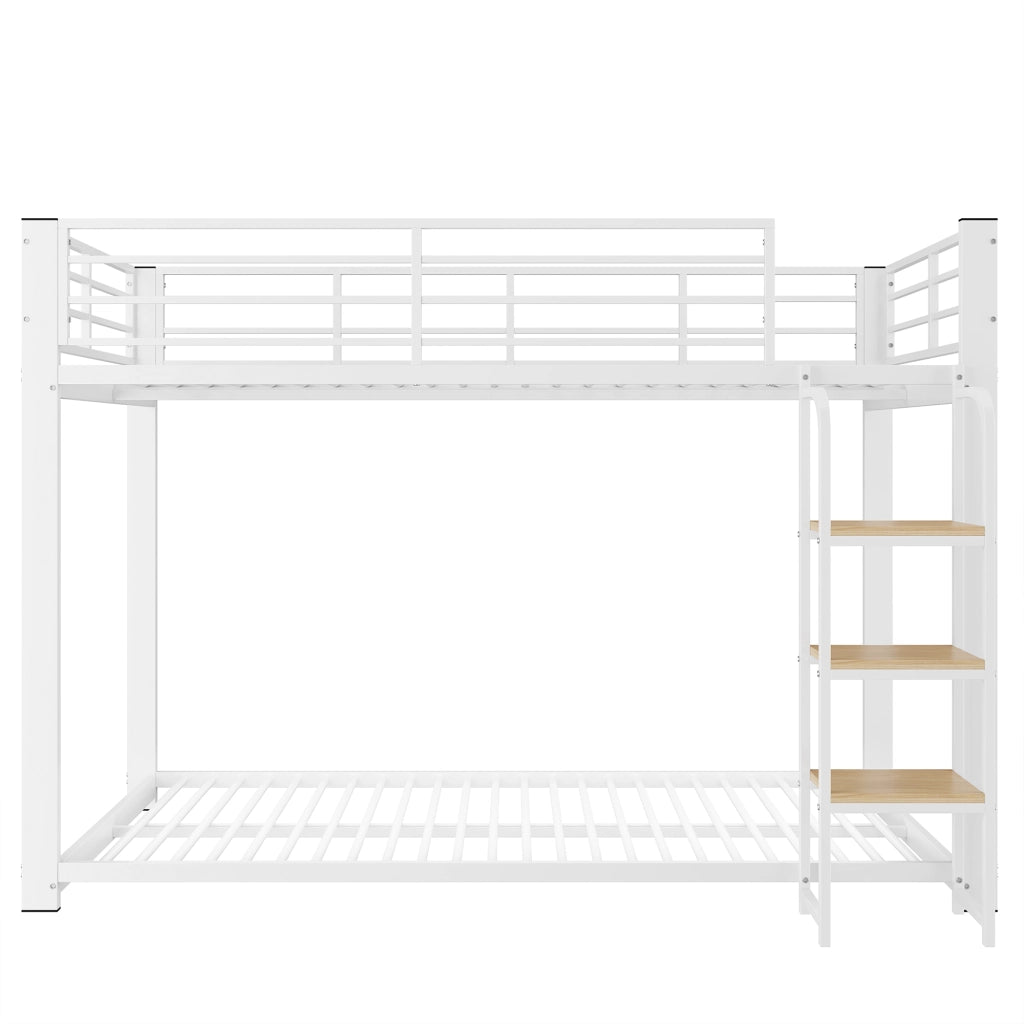 Letto a castello 90 × 200 cm 2 posti con scala integrata e mensole, senza materasso, in metallo e MDF bianco noce