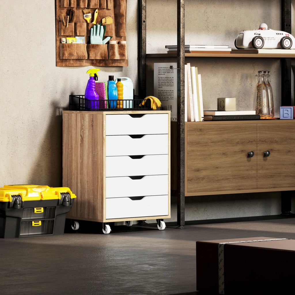 Scrivania con cassettiera mobile ¨C zephmum ¨C 5 cassetti, bianco e rovere, 47.5x39.5x67.5 cm