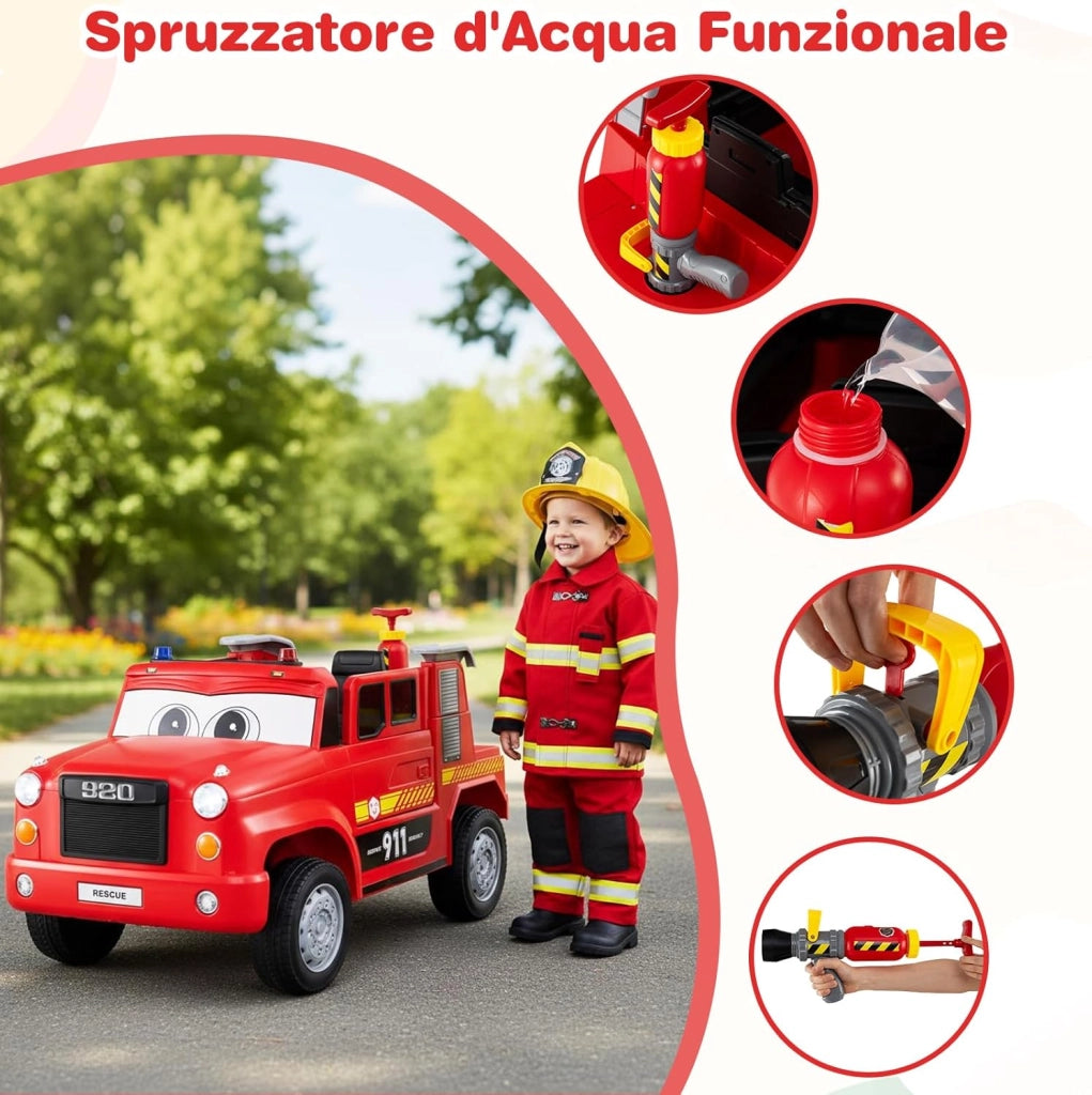 Camion dei Pompieri per Bambini, 12V Macchina Elettrica con Spruzzatore d'Acqua, Telecomando, Musica, Sirena, Luci e Avvio Morbido, Veicolo Elettrico per Bambini 3+ Anni