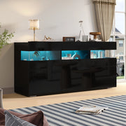 Credenza e madia con LED, 3 ante e 7 vani, frontale lucido, per soggiorno, in truciolare, nero, 140 × 40,5 × 66,5 cm