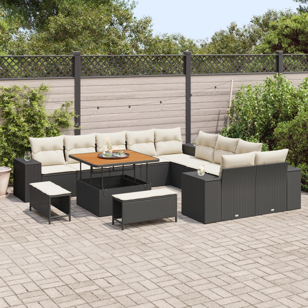 Set di Divani da Giardino con Cuscini Neri in Polyrattan Acacia da 13 Pezzi
