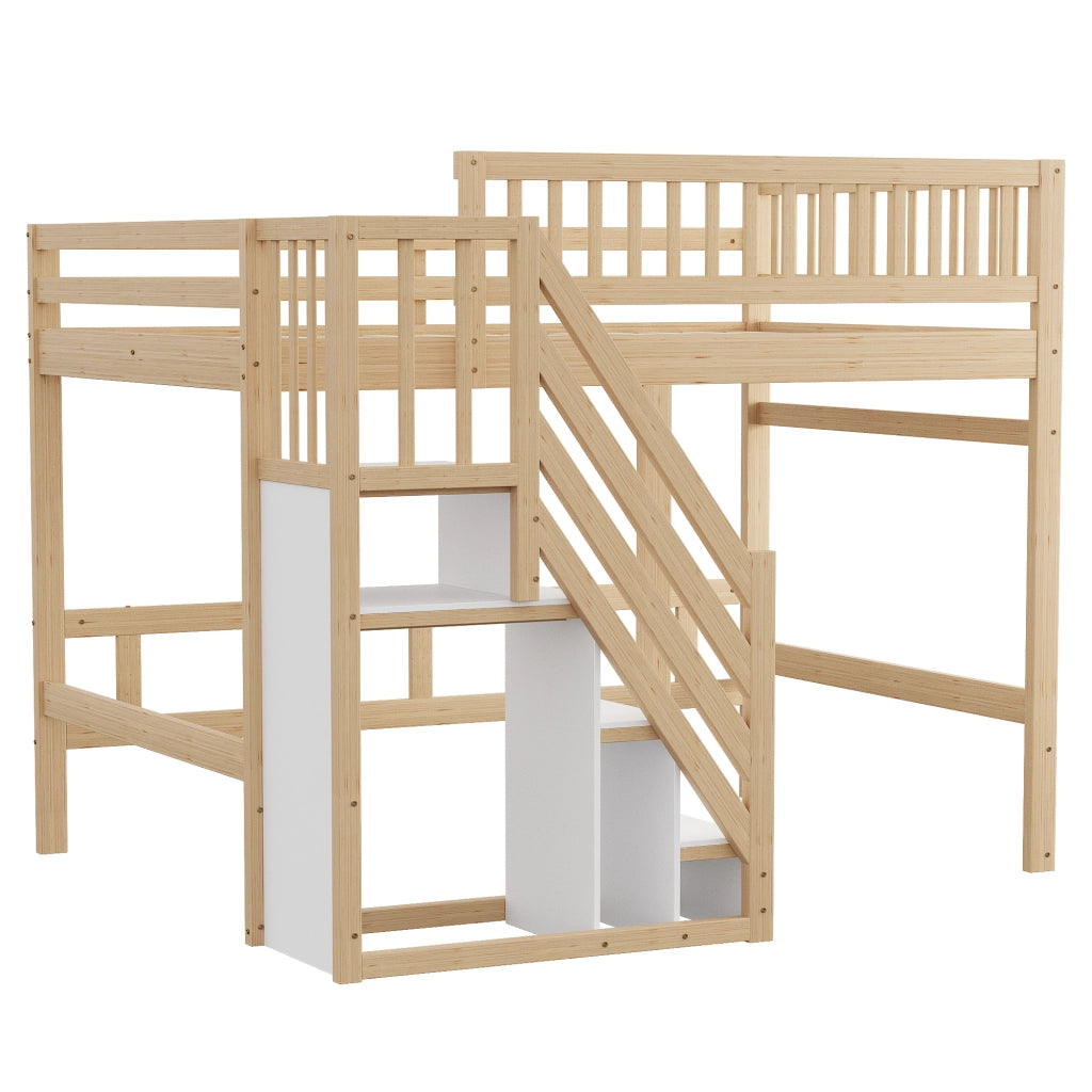 Letto in legno massello naturale con scala e vano contenitore altezza parapetto 140x200 cm