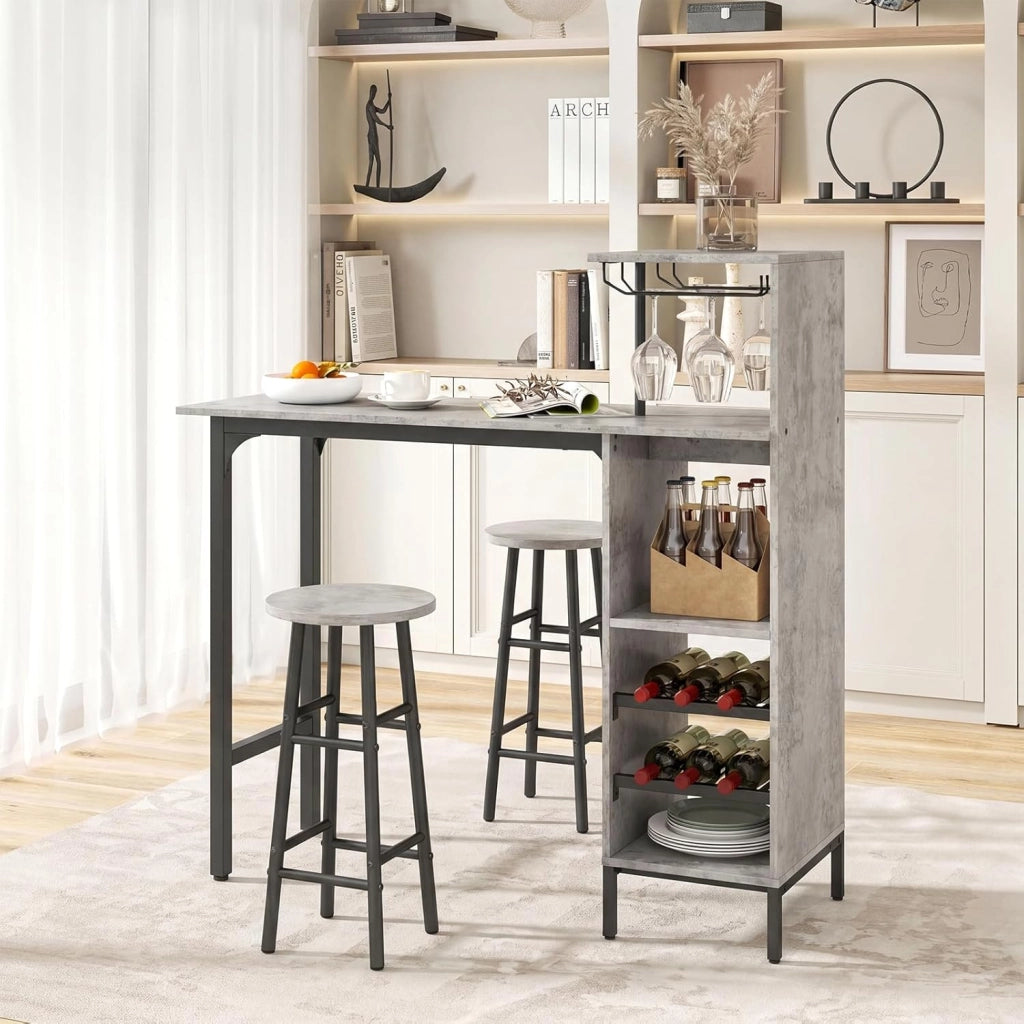 Set 3 Pezzi Tavolo e Sedie da Bar, Tavolo e Sgabelli da Pub Industriale con Porta Calici e 6 Portabottiglie da Vino, Set di Tavolo per Sala da Pranzo, Ristorante e Bar (Grigio)