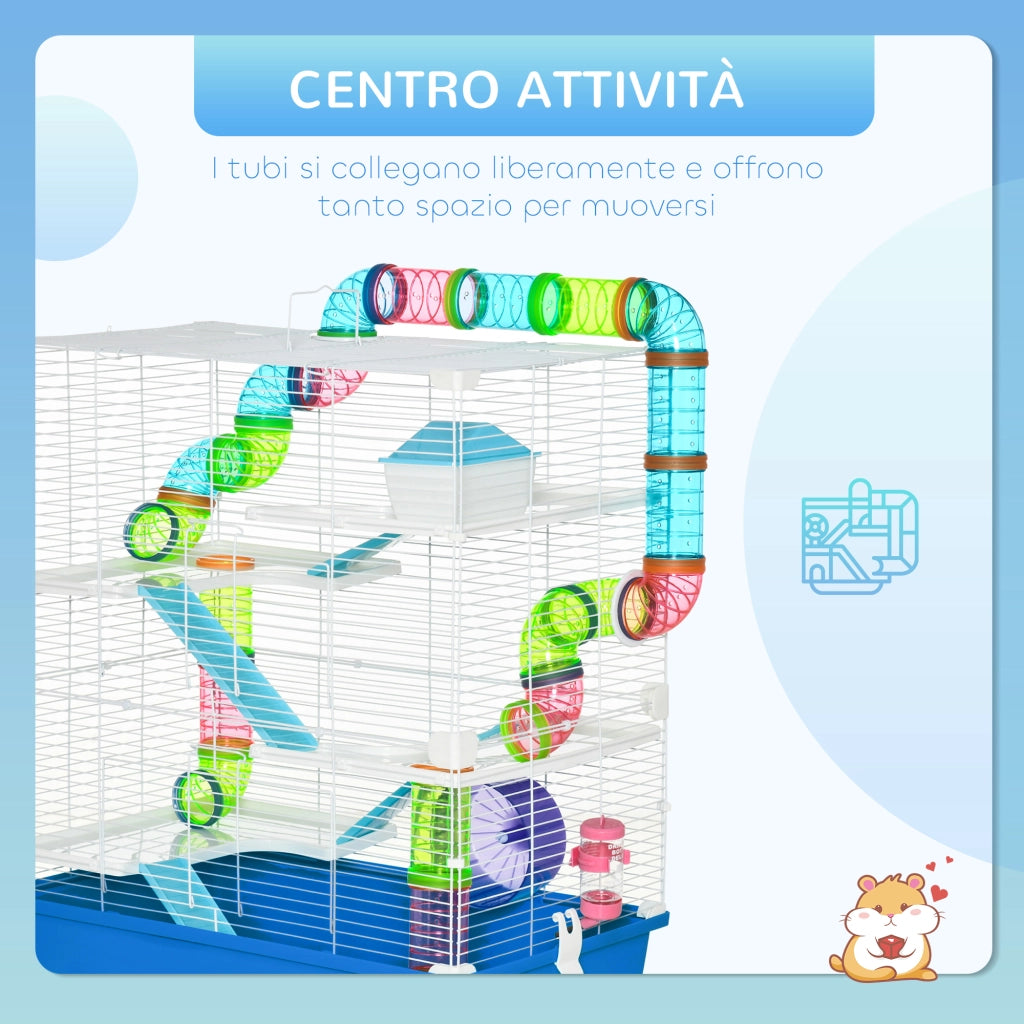 Gabbia per Criceti a 5 Livelli con Tubi, Casetta e Ruota ¨C zephmum ¨C Blu e Bianco, Acciaio e PP, 59x36x69 cm