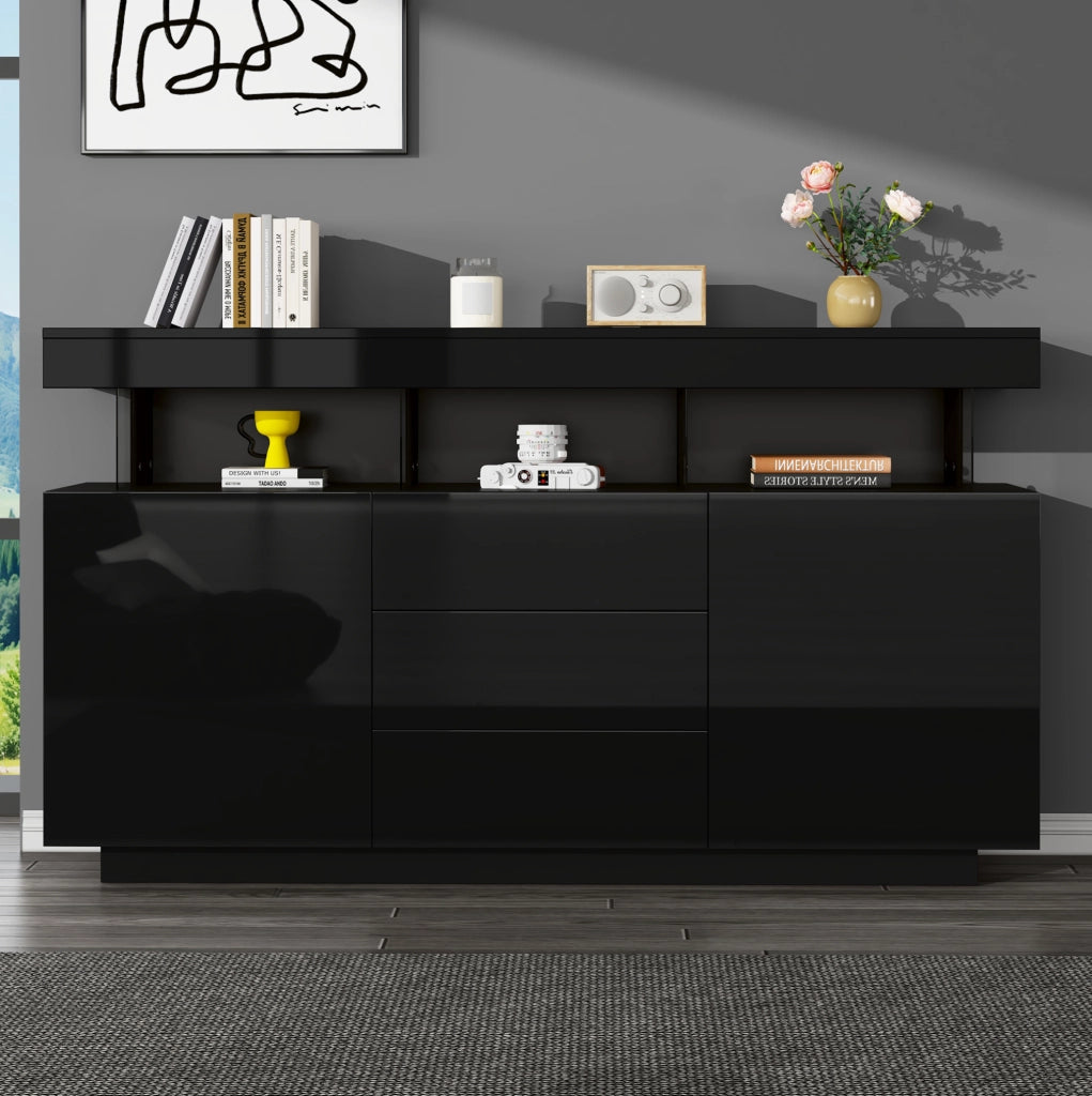 Madia nera lucida 140 x 35 x 80 cm con LED; 3 cassetti e 2 ante