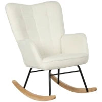 Poltrona Dondolo in Tessuto con Braccioli, Poltrona Ergonomica con Scivoli in Legno, per Soggiorno, Camera da Letto, Bianco