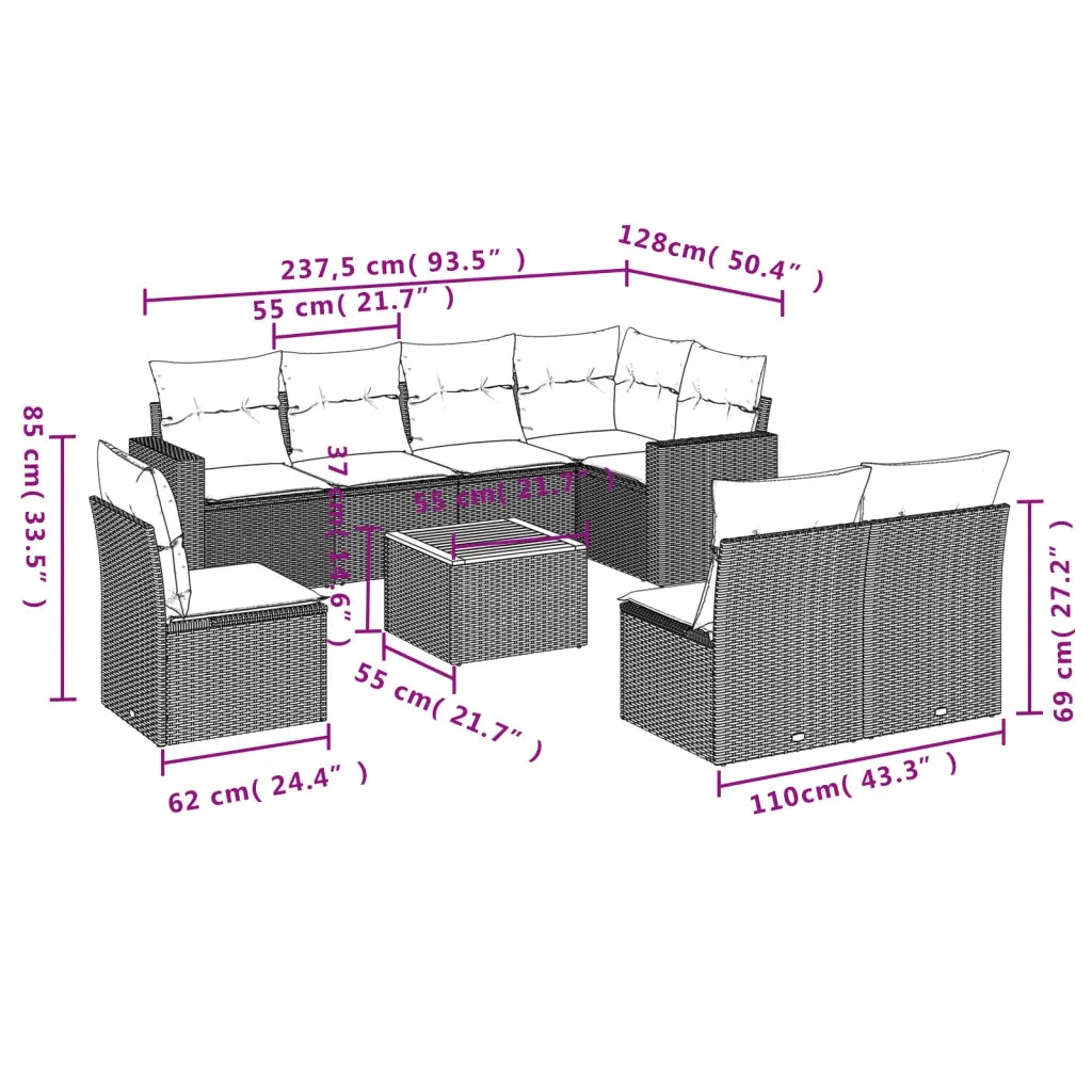 Set Divano da Giardino 9 pz con Cuscini Grigio in Polyrattan