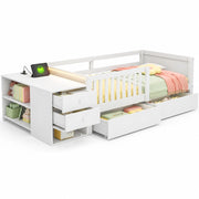 Letto a soppalco singolo 90×200 cm con contenitore; prese; LED; cassetti e ripiani; senza materasso; bianco