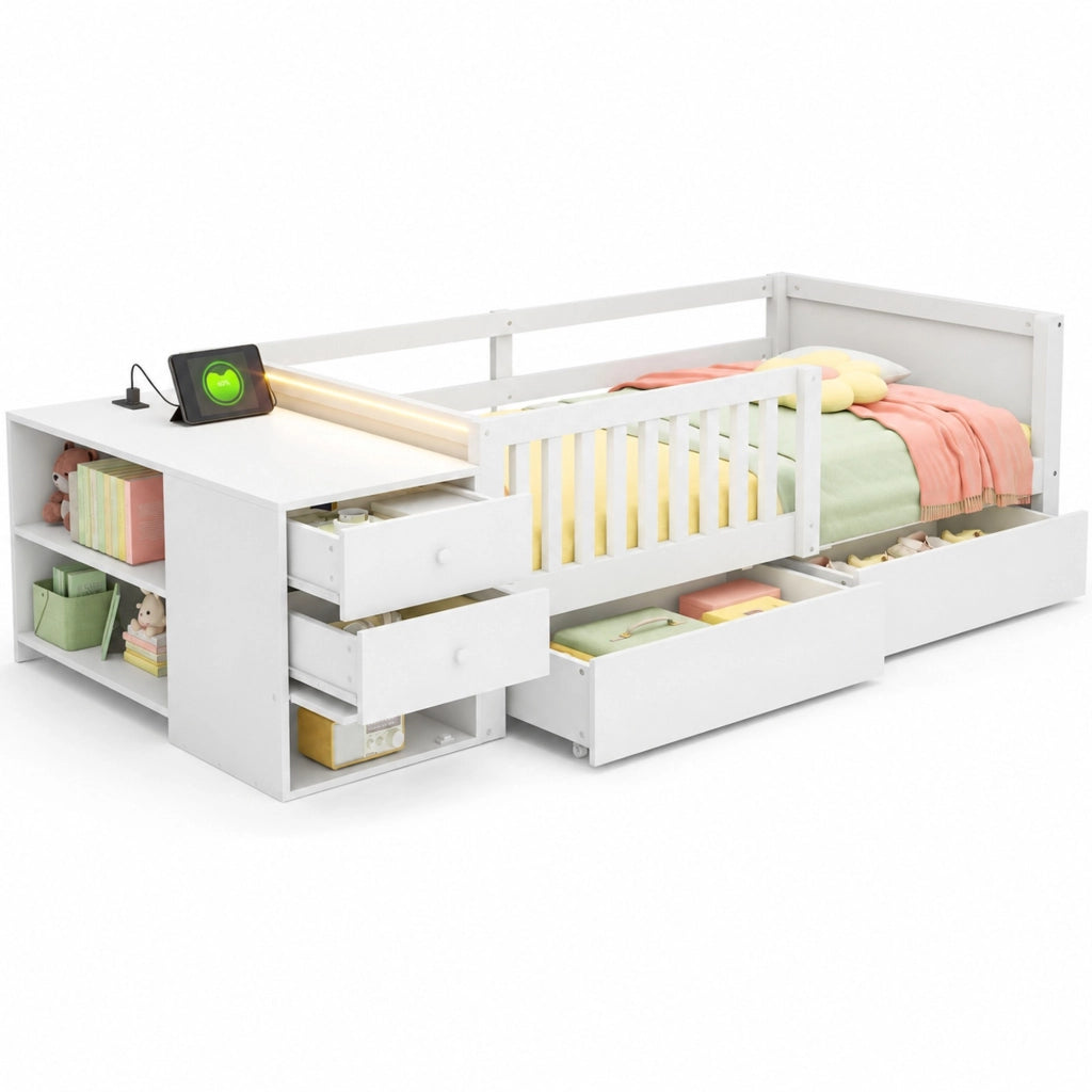 Letto a soppalco singolo 90×200 cm con contenitore; prese; LED; cassetti e ripiani; senza materasso; bianco