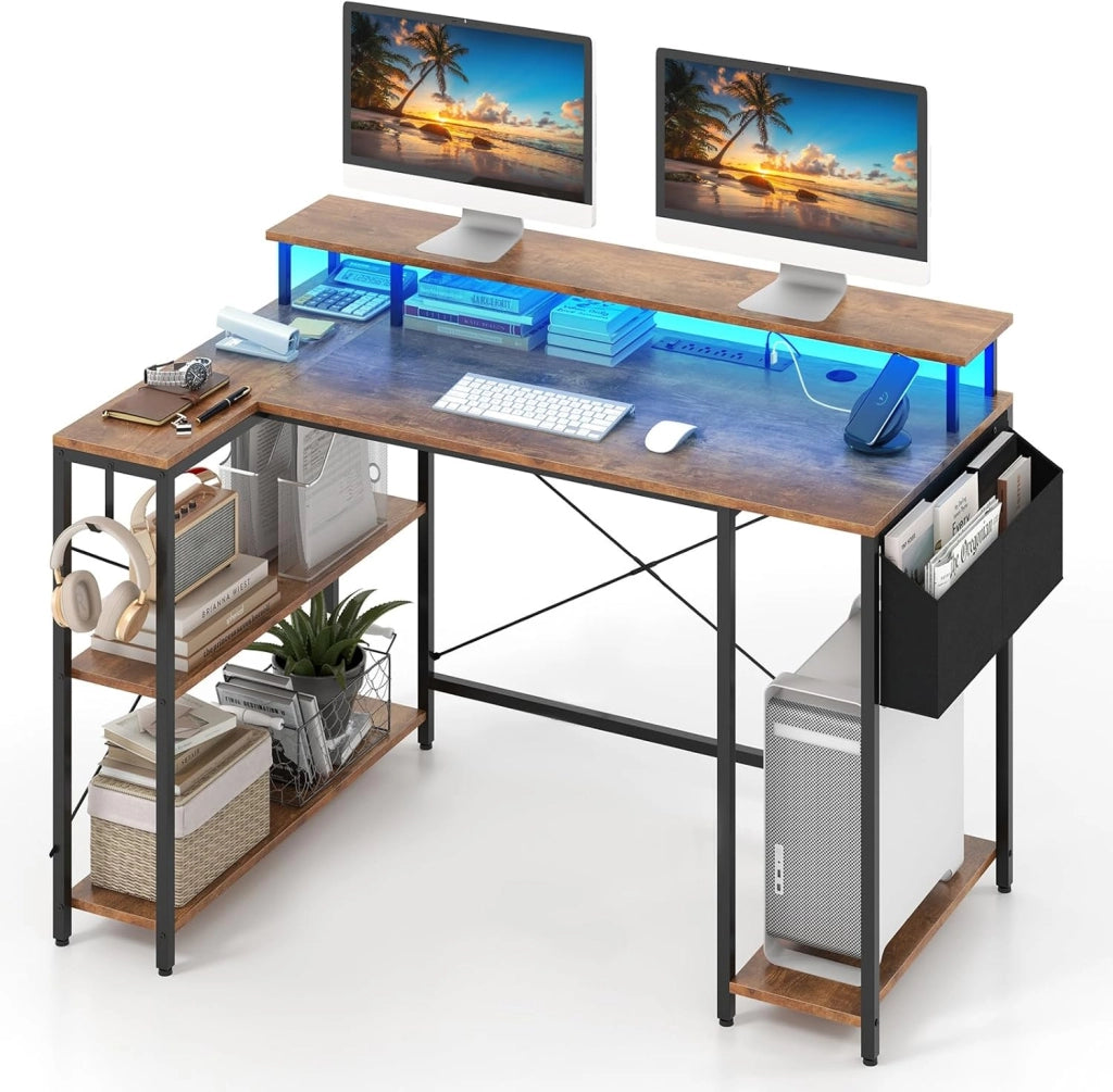 Scrivania Angolare da Gaming, Scrivania Salvaspazio a Forma di L con Luci LED, Stazione di Ricarica, Ripiani e Supporto per Monitor, Scrivania ad Angolo per Casa e Ufficio (Marrone)
