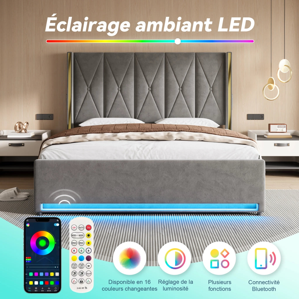Letto contenitore 180 × 200 cm con testiera alta, USB e Type-C, LED regolabile, senza materasso, in velluto, grigio