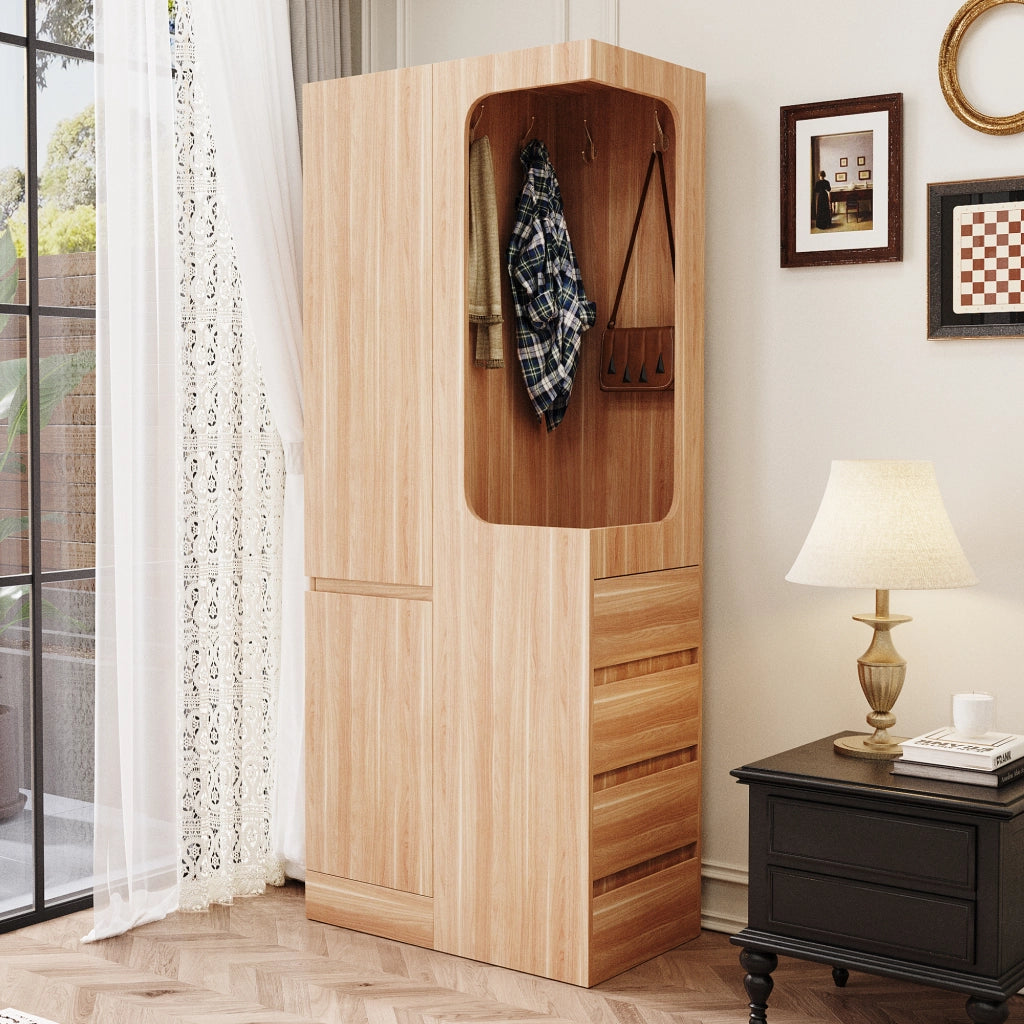 ARMADIO con 1 porta, 4 cassetti, 70 x 40 x 170 cm, Legno naturale