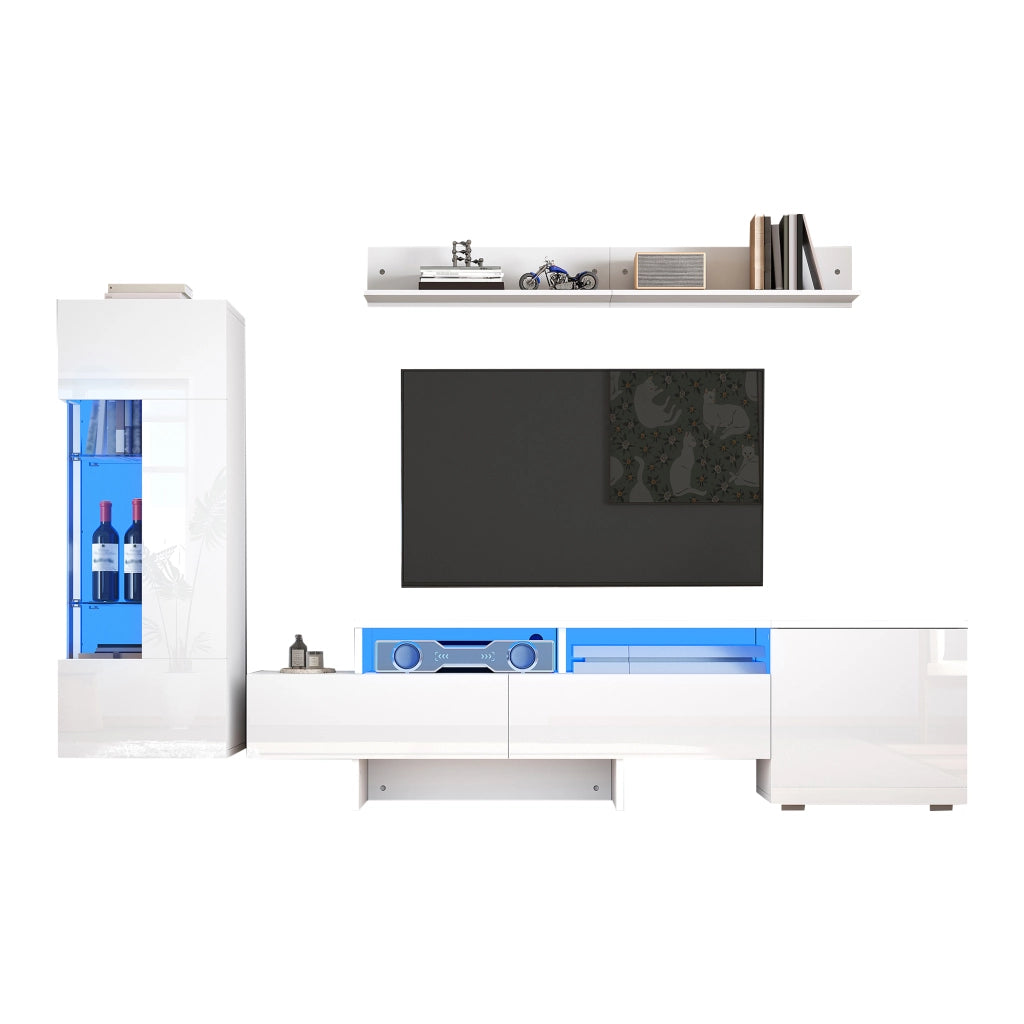 Set mobile porta TV con LED e fronti lucide, 1 anta, 2 cassetti e 2 vani aperti, stile moderno, per soggiorno, bianco