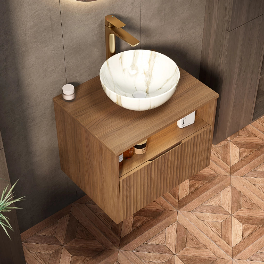 Mobile bagno con cassetto e vano aperto con lavabo in ceramica e luce LED con sensore per bagno 60×46×60.8 cm