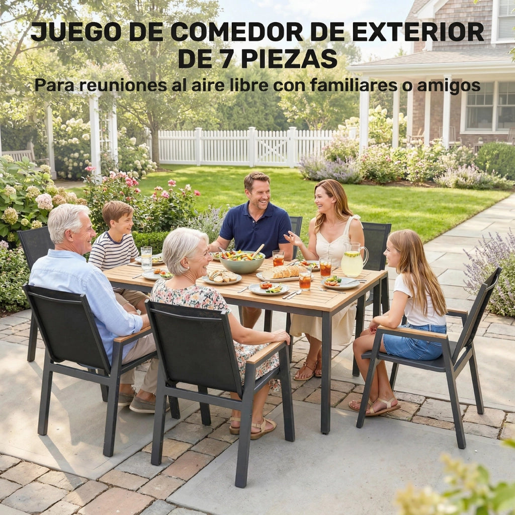Set da pranzo per giardino con tavolo in legno e 6 sedie in polyrattan ¨C zephmum ¨C nero