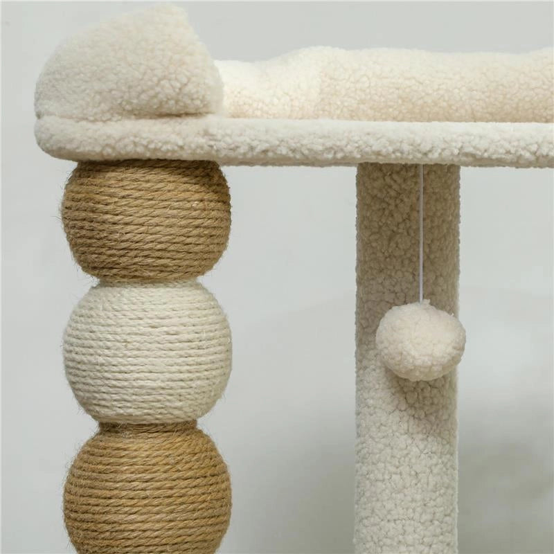 TORRE PER GATTI CON LETTINO PIATTAFORMA E PALLINA GIOCATTOLO IN LEGNO PELUCHE E IUTA 48.5X40X76 CM BEIGE