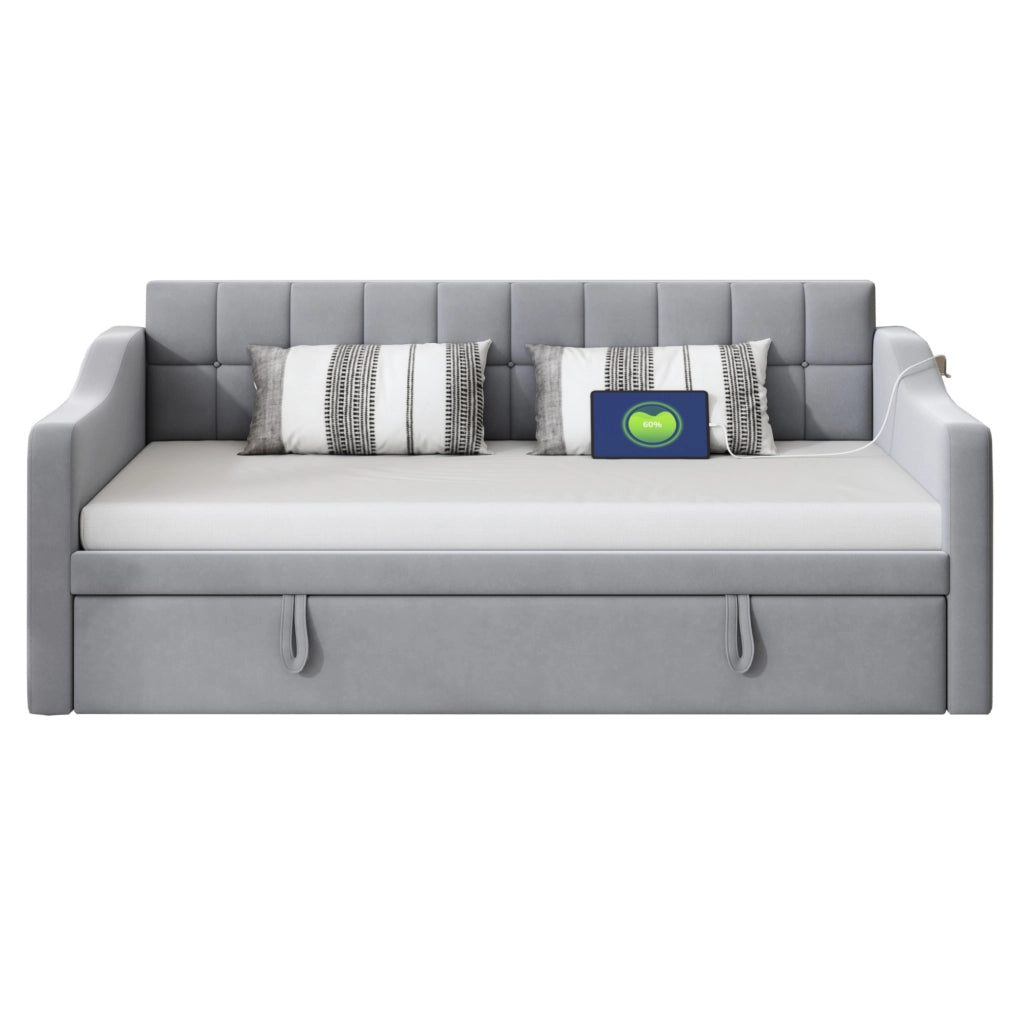 Letto imbottito 90x190 cm estraibile in velluto grigio chiaro