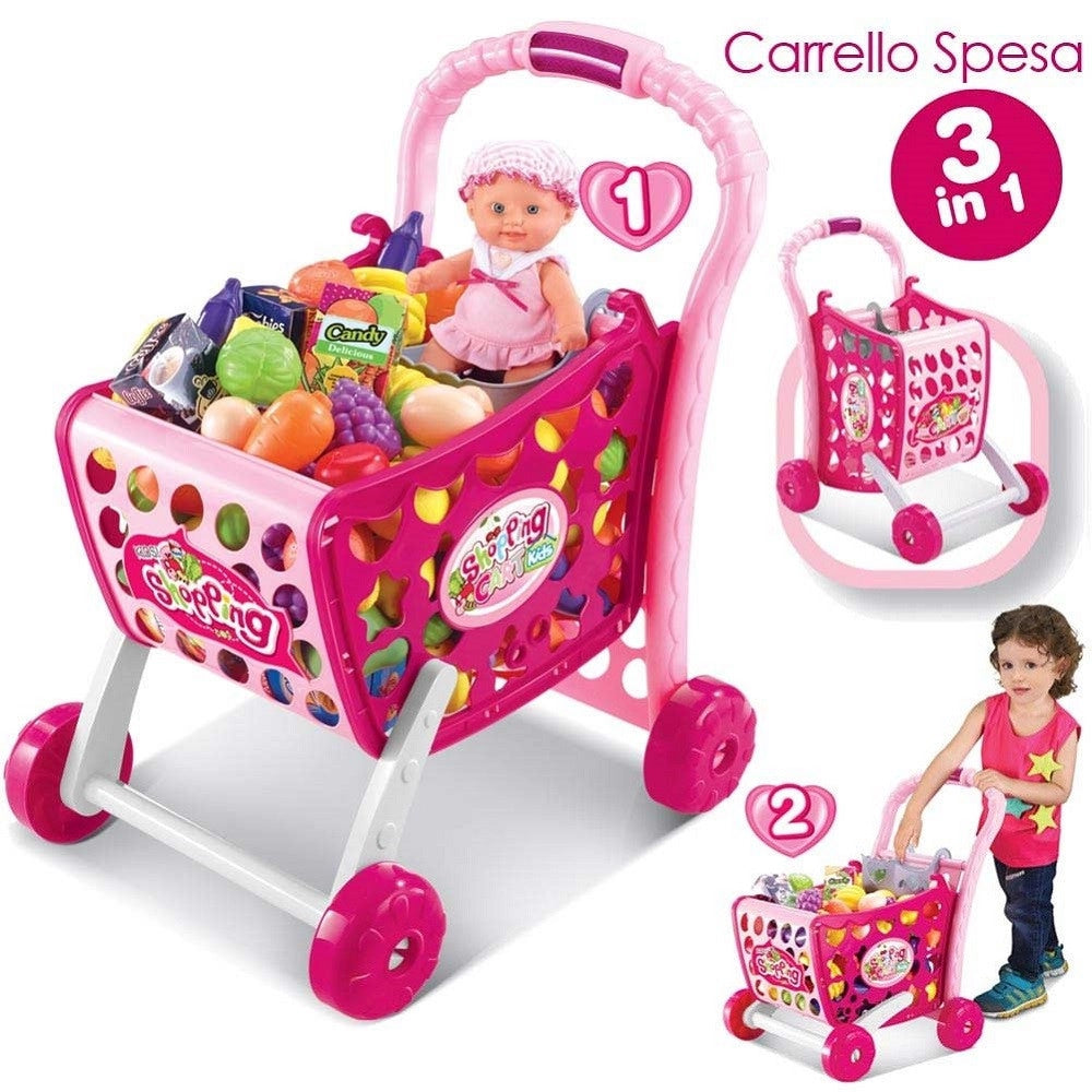 Trade Shop - Carrello Spesa Supermarket Per Bambini Rosa Azzurro Con Frutta E Verdura 3in1 -
