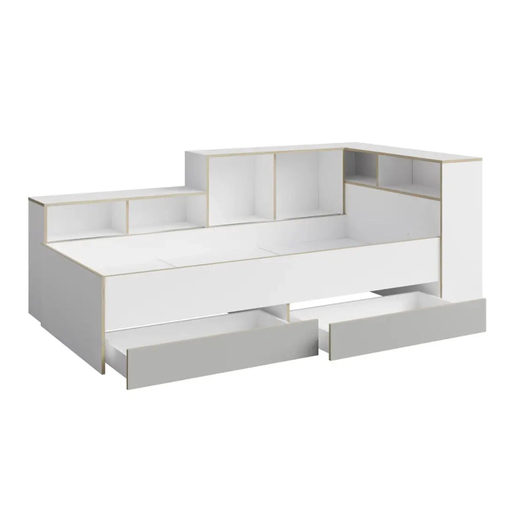 Letto per bambini ELYO – 90x200 cm – Con cassetti, nicchie e scaffali – Grigio, bianco & rovere chiaro