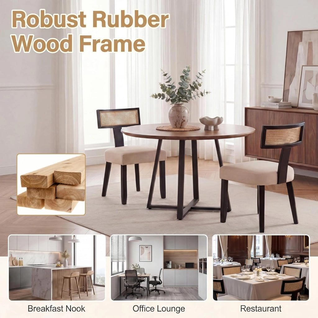 Sedia da Pranzo Imbottita, Sedia da Cucina con Sedile in Tessuto Lino e Schienale Curvo in Rattan, Portata 180 kg, Sgabello Moderno per Soggiorno e Sala da Pranzo, 56x55,5x92,5 cm (Nero)