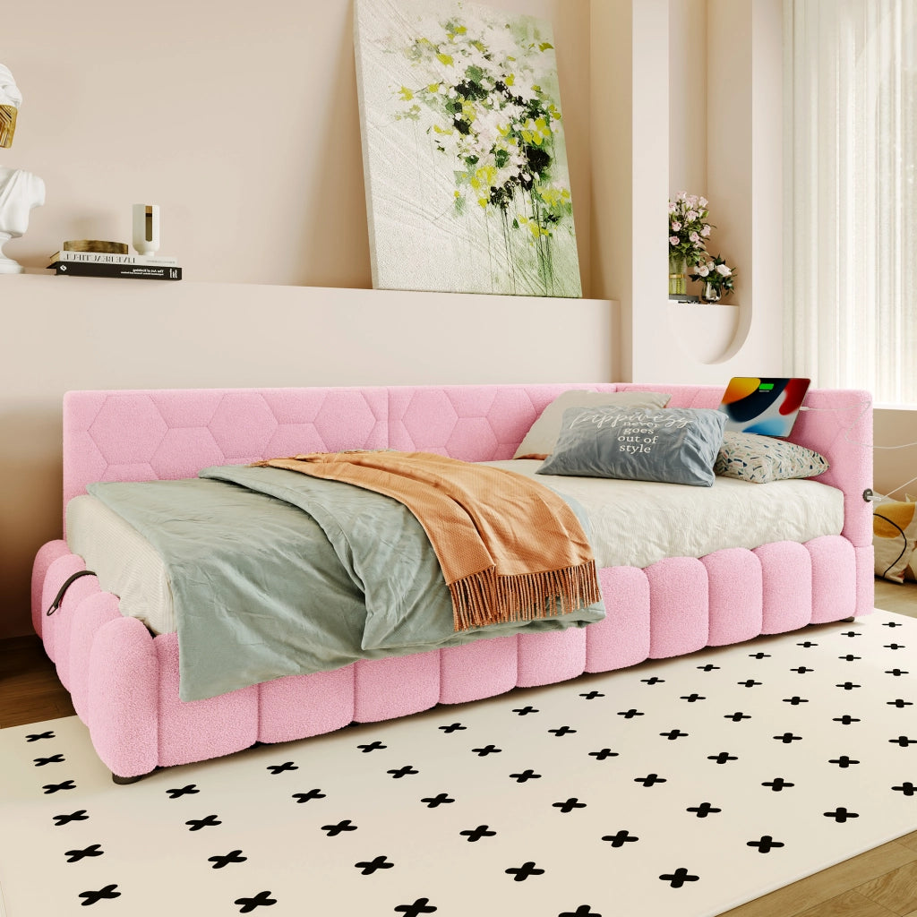 LETTO 90x200 cm Rosa in Vliesimitat e MDF con luce LED, USB e Type-C