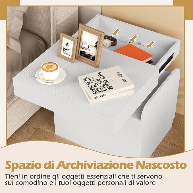 Comodino da Camera da Letto, Mobile Salvaspazio con Stazione di Ricarica, Cassetto, Vano Scorrevole, Vassoio e Ripiani Aperti, Comò per Soggiorno e Ufficio, 50 x 40 x 55 cm