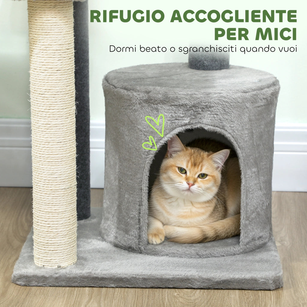Albero per Gatti Multilivello 103 cm con Cuccia e Tiragraffi in Sisal Grigio