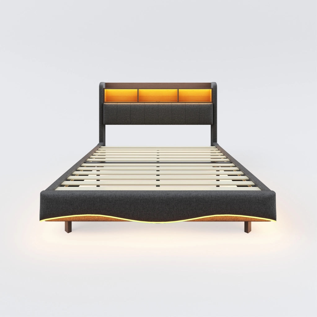 Letto imbottito sospeso 140x200 cm con LED; porte USB e Type-C; tessuto effetto lino grigio