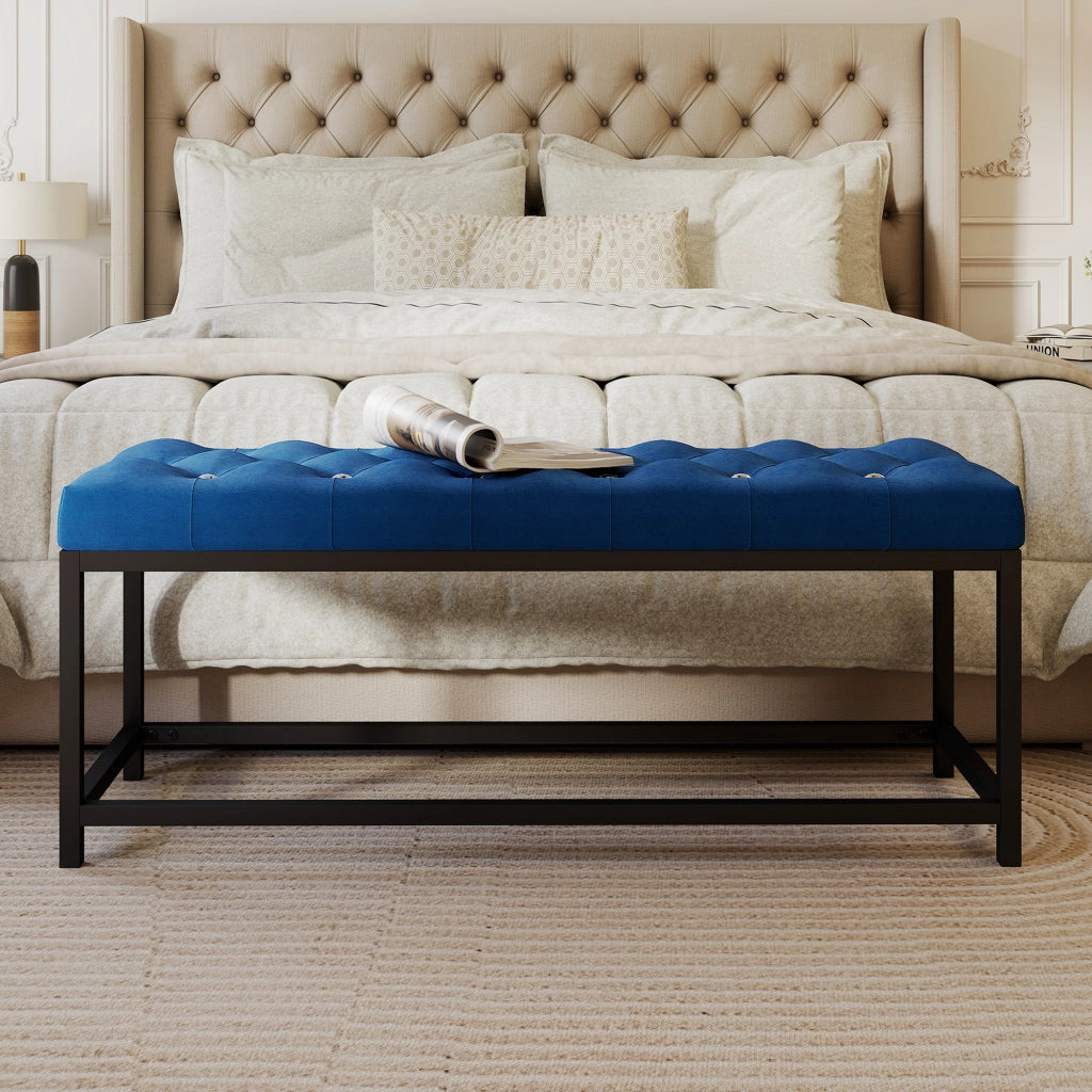 Letto Imbottito con Testiera a Piede in Velluto Capiton¨¦ ¨C Zephmum ¨C Blu Scuro 160x200 cm
