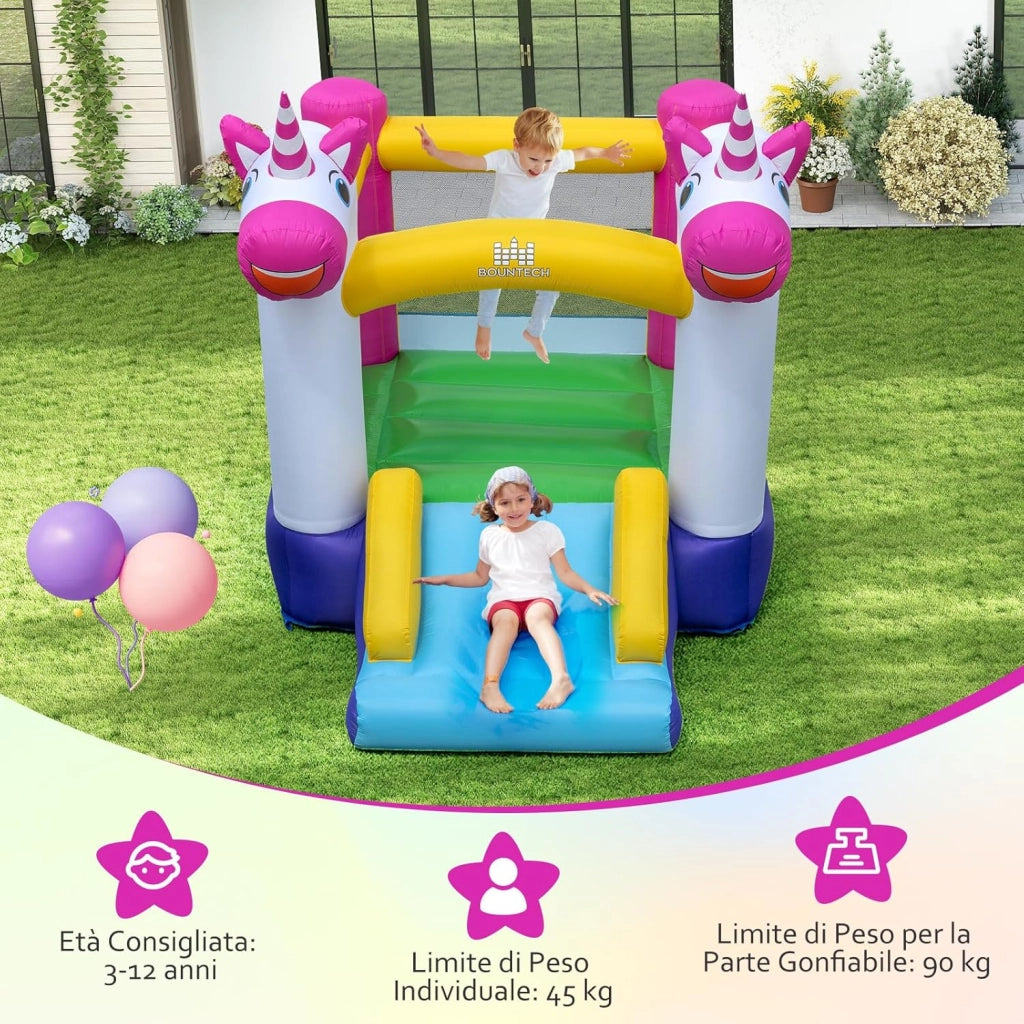 Castello Gonfiabile per Bambini, Casa Gonfiabile Unicorno per bambini con Scivolo e Area Salto, Parco Giochi Gonfiabile da 3-12 Anni, Adatto per Giardino, Esterno e Interno