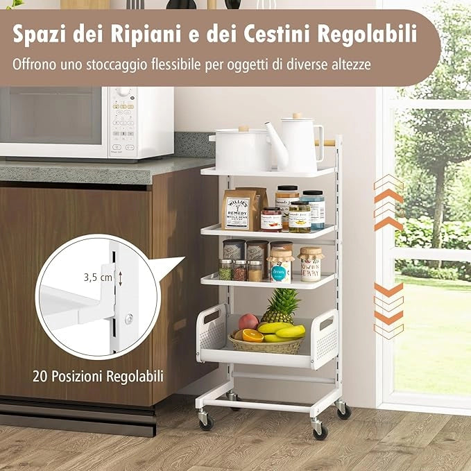 Carrello Portaoggetti a 4 Ripiani, Carrello Rotante Multiuso in Metallo con Ripiani Regolabili, Manico in Legno di Gomma e Ruote Universali Bloccabili, 35,5 x 29 x 84,5 cm