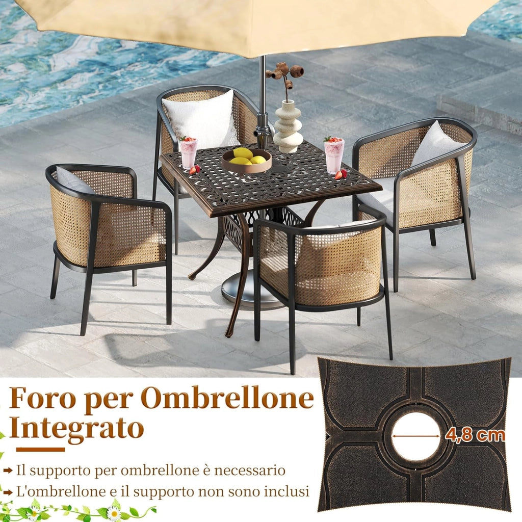 Tavolo da Giardino 80 cm, Tavolo Bistro Quadrato con Foro per Ombrellone da 4,8 cm, Tavolo da Esterno per 4 Persone, Tavolo da Pranzo per Giardino Piscina,Portata 75 kg