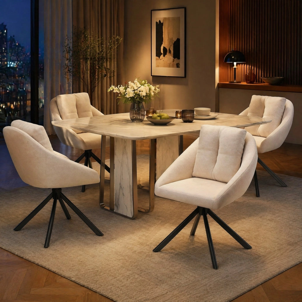 SEDIA GIREVOLE DA PRANZO BEIGE IN VELLUTO E METALLO Set 4 pezzi