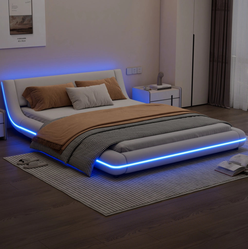 Letto a pavimento bianco 140x200 cm con illuminazione a LED