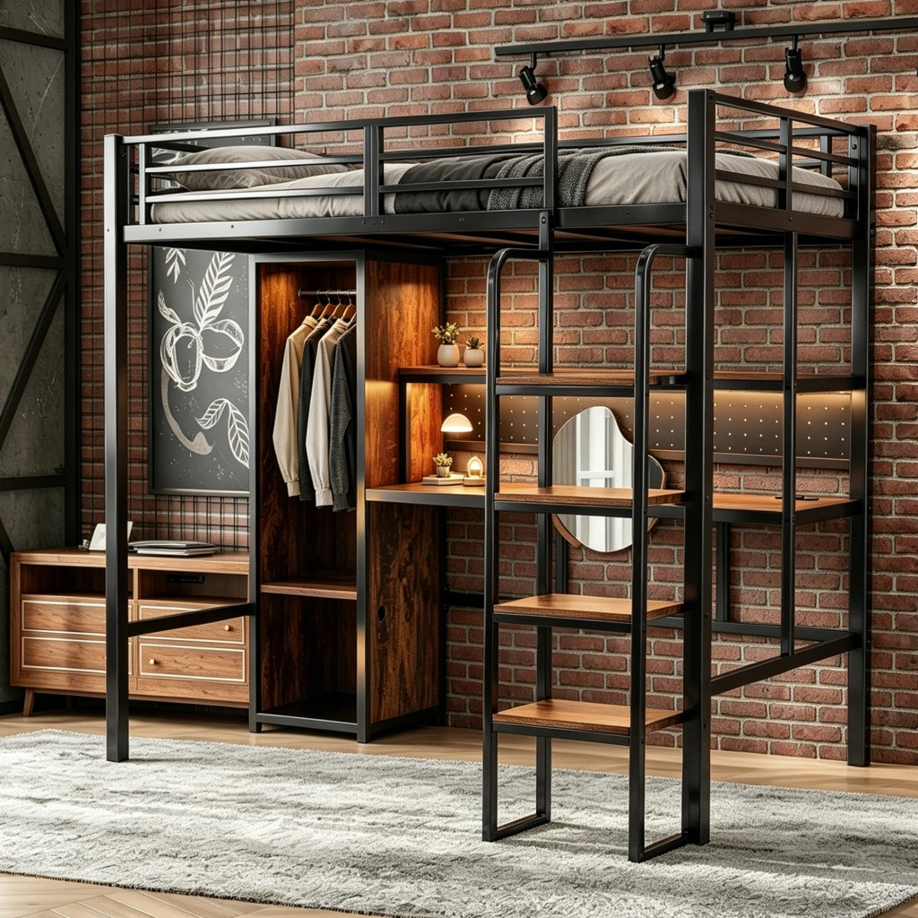 Letto a soppalco 90x200 cm con scrivania spaziosa; armadio; scala verticale e LED; nero