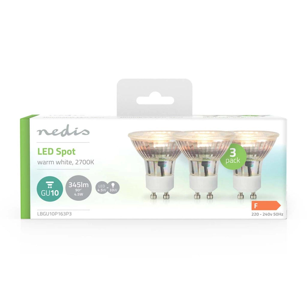 Confezione da 3 lampadine LED GU10 Spots 4,5W 345lm 2700K IPX2 Vintage Bianco Nedis