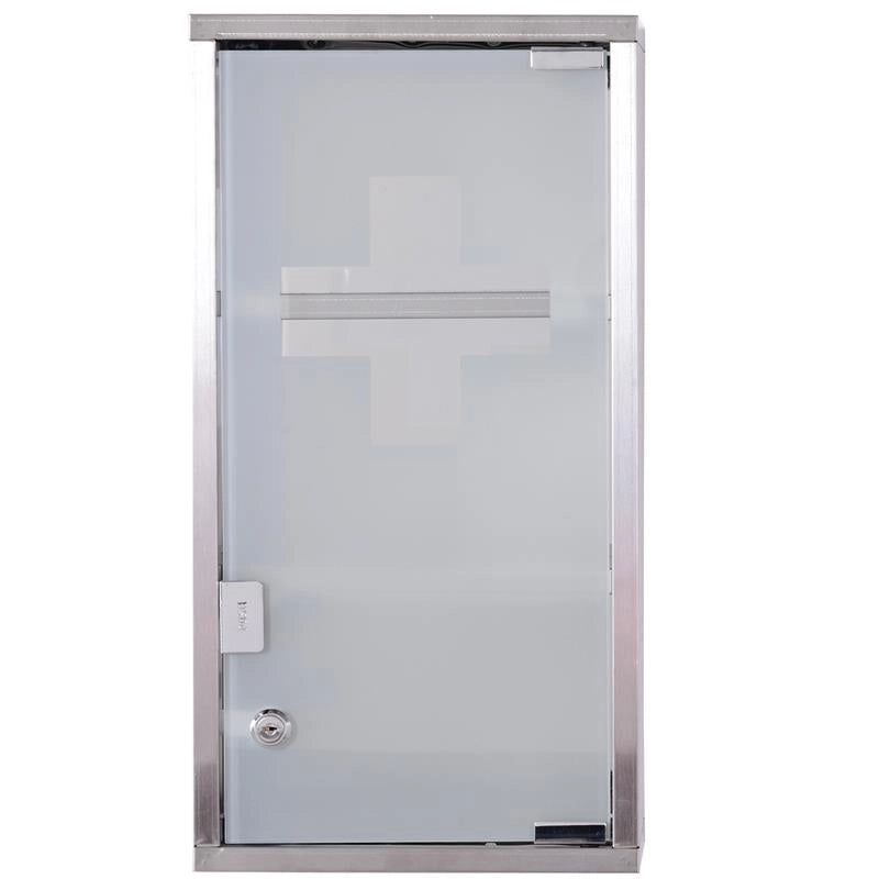 ARMADIETTO PORTA MEDICINALI IN VETRO IN ACCIAIO PORTA E 2 CHIAVI PRONTO SOCCORSO CASSETTA MEDICINE 48X25CM