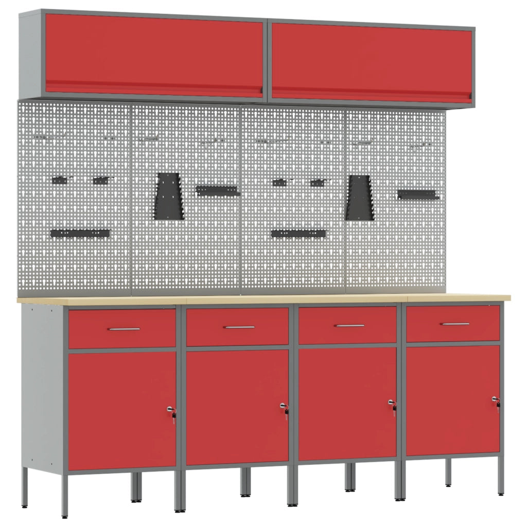 Set di Lavoro da 10 Pezzi con Armadio e Pannello Forato Rosso in MDF e Metallo di