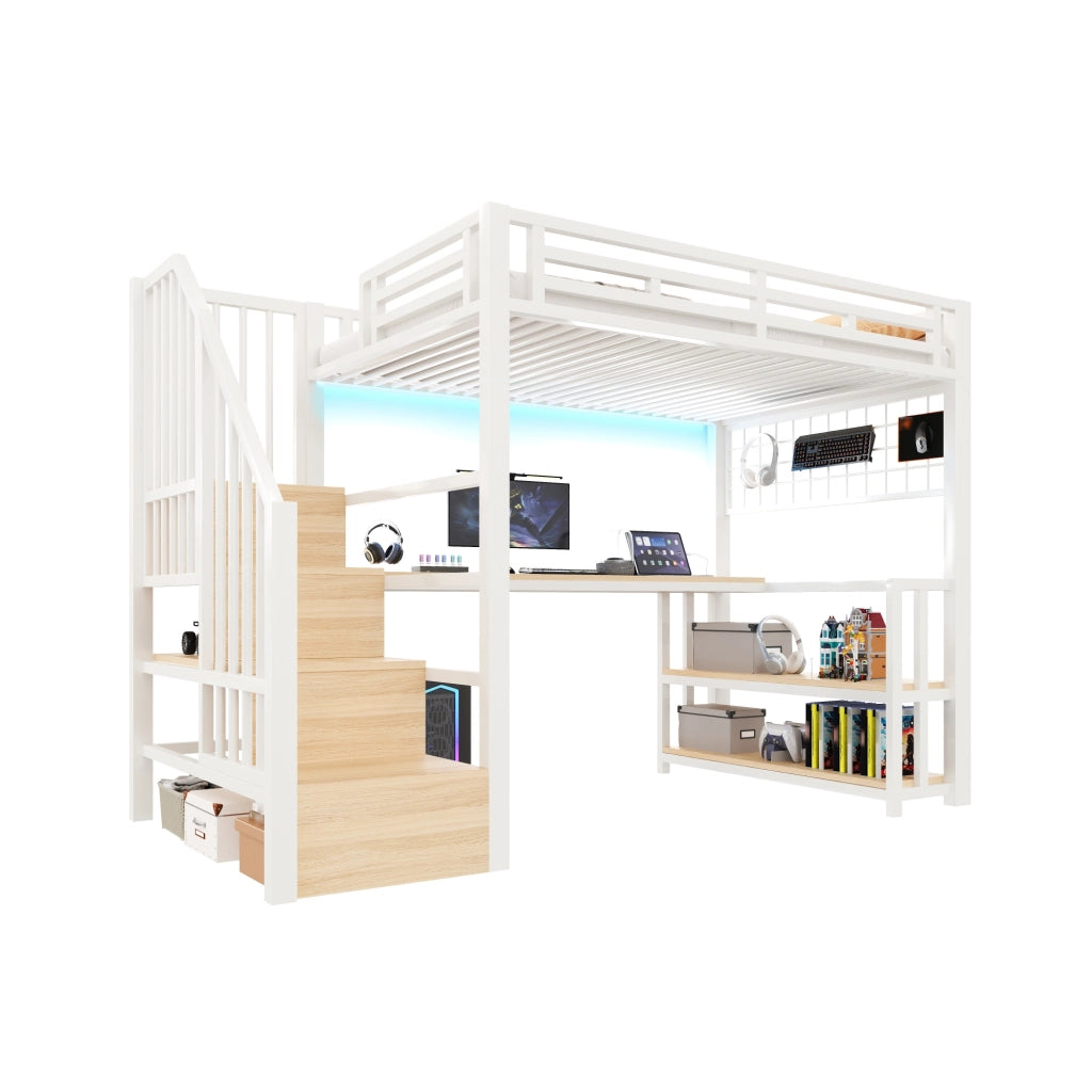 OKWISH Letto a soppalco 90×200 cm, Letto Singolo con LED Regolabile, Scrivania, Mensole e USB e Tipo C, senza Materasso, Metallo, Bianco