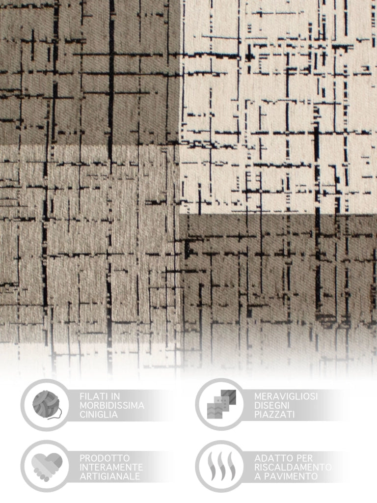 Tappeto Arredo Moderno Morbido in Ciniglia Ingresso Antiscivolo Prodotto Italiano  Soggiorno Camera Salotto Disegni Piazzati Cotone Varie Misure Grande Mondrian/Grigio - 140x200 cm