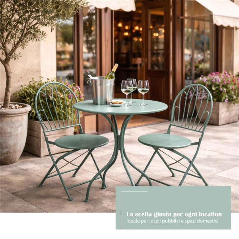 SET DA GIARDINO CON 1 TAVOLO E DUE SEDIE IN METALLO COLORE VERDE