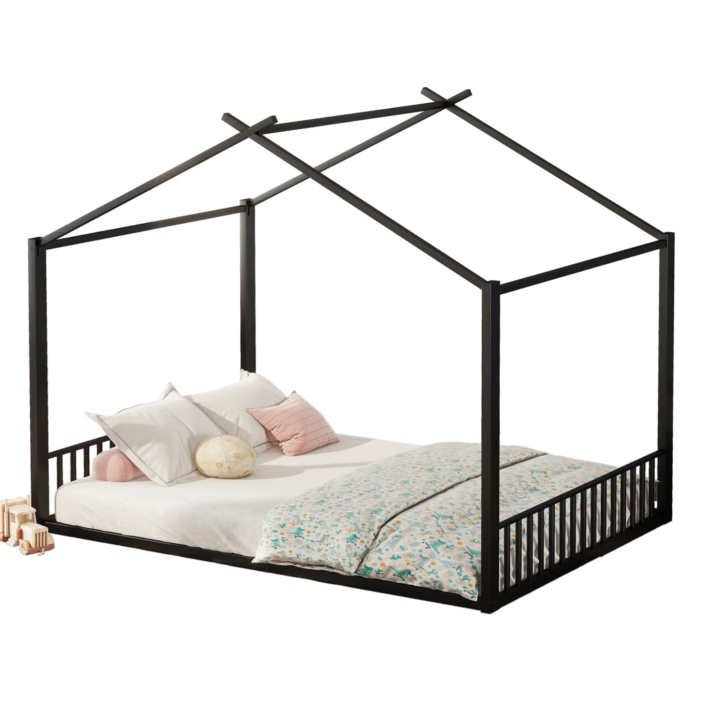 Letto a baldacchino in metallo nero 140x200 cm con struttura a forma di casa